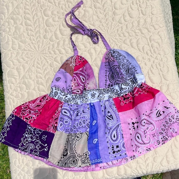 Handmade Quilted Halter Crop Top – Pink Tie-Dye Mix SKU 05065 - Picture 2 of 10